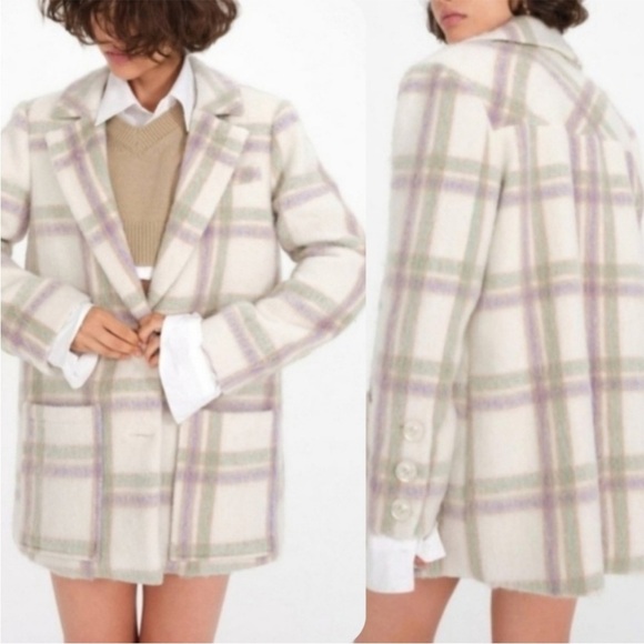 For Love And Lemons Size Large Cream Pastel Plaid Oversized Blazer Pea coat L - Picture 1 of 14